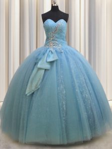 Ideal Sequins Bowknot Ball Gowns Sweet 16 Quinceanera Dress Baby Blue Sweetheart Tulle Sleeveless Floor Length Lace Up