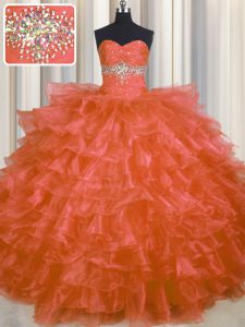 New Style Beading and Ruffled Layers Quince Ball Gowns Orange Red Lace Up Sleeveless Floor Length