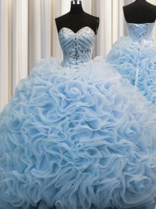 Fabric With Rolling Flowers Sweetheart Sleeveless Brush Train Lace Up Beading and Pick Ups Sweet 16 Quinceanera Dress in Baby Blue