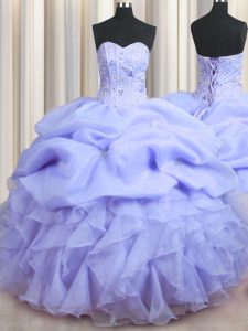 Visible Boning Lavender Ball Gowns Sweetheart Sleeveless Organza Floor Length Lace Up Beading and Ruffles Quinceanera Dresses