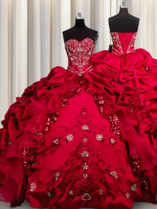 Embroidery Sequins Ball Gowns Quinceanera Dress Red Sweetheart Taffeta Sleeveless Floor Length Lace Up