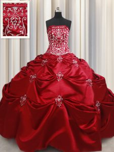 Taffeta Strapless Sleeveless Lace Up Beading and Appliques and Embroidery 15 Quinceanera Dress in Wine Red