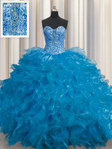 Excellent See Through Teal Quinceanera Gown Military Ball and Sweet 16 and Quinceanera and For with Beading and Ruffles Sweetheart Sleeveless Lace Up