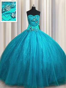 Colorful Sequined Floor Length Lace Up Quinceanera Dress Teal and In with Beading and Appliques
