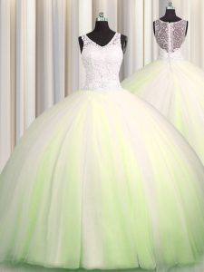 Attractive Zipple Up Big Puffy Zipper 15 Quinceanera Dress Yellow Green for Military Ball and Sweet 16 and Quinceanera with Beading and Appliques Brush Train