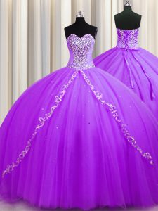 Nice Beading Court Dresses for Sweet 16 Purple Lace Up Sleeveless Sweep Train