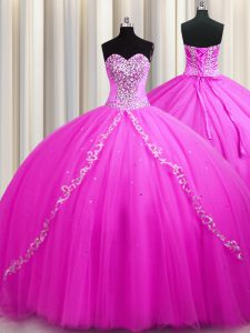Sweep Train Rose Pink Ball Gowns Sweetheart Sleeveless Tulle Floor Length Lace Up Beading Ball Gown Prom Dress