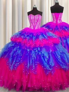 Bling-bling Visible Boning Sweetheart Sleeveless Tulle Quinceanera Gown Beading and Ruffles and Ruffled Layers and Sequins Lace Up