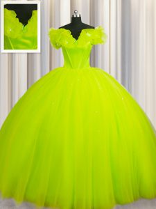 Decent Off The Shoulder Short Sleeves Court Train Lace Up Sweet 16 Quinceanera Dress Yellow Green Tulle