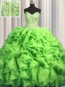Colorful Visible Boning Brush Train Sweetheart Sleeveless Sweep Train Lace Up 15th Birthday Dress Green Organza