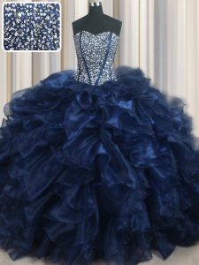 Visible Boning Bling-bling Navy Blue Sleeveless Organza Brush Train Lace Up 15 Quinceanera Dress for Military Ball and Sweet 16