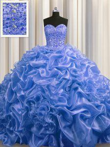 Custom Design With Train Lace Up 15 Quinceanera Dress Blue for Military Ball and Sweet 16 and Quinceanera with Beading and Pick Ups Court Train