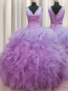 V Neck Zipper Up Floor Length Zipper Quinceanera Gowns Lilac for Military Ball and Sweet 16 and Quinceanera with Ruffles