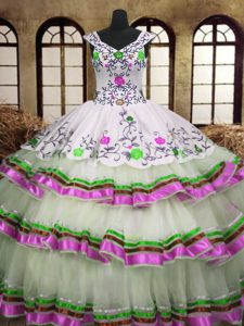 Top Selling Multi-color Organza Lace Up V-neck Sleeveless Floor Length Quince Ball Gowns Embroidery and Ruffled Layers
