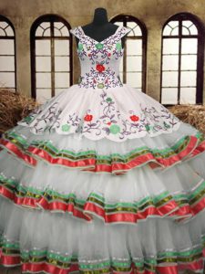 Sexy Sleeveless Floor Length Embroidery and Ruffled Layers Lace Up Sweet 16 Quinceanera Dress with Multi-color