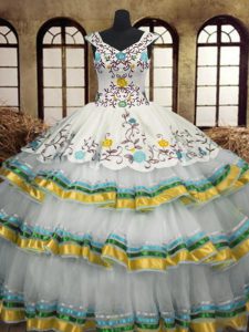 Floor Length Lace Up Casual Dresses Multi-color for Military Ball and Sweet 16 and Quinceanera with Embroidery and Ruffled Layers