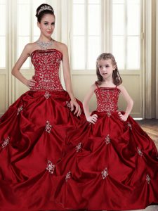 Luxurious Floor Length Lace Up Sweet 16 Quinceanera Dress Wine Red for Military Ball and Sweet 16 and Quinceanera with Embroidery and Pick Ups