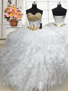Decent Sleeveless Floor Length Beading and Ruffles Lace Up Vestidos de Quinceanera with White