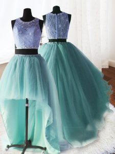 Trendy Three Piece Scoop Sleeveless Organza and Tulle and Lace With Brush Train Zipper Quinceanera Gowns in Apple Green with Beading and Ruffles