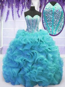 Great Sleeveless Organza Sweep Train Lace Up Quinceanera Gowns in Aqua Blue with Beading and Ruffles