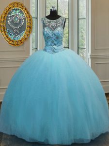 Stunning Floor Length Baby Blue Quinceanera Gowns Scoop Sleeveless Lace Up