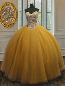 Dazzling Floor Length Gold Ball Gown Prom Dress Tulle Sleeveless Beading