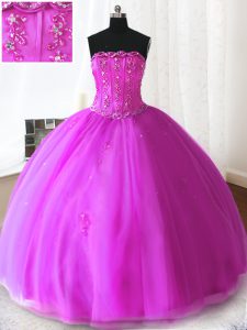 Fuchsia Sleeveless Floor Length Beading and Appliques Lace Up 15 Quinceanera Dress