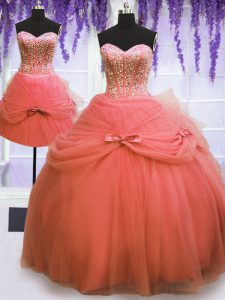 Three Piece Watermelon Red Lace Up Vestidos de Quinceanera Beading and Bowknot Sleeveless Floor Length