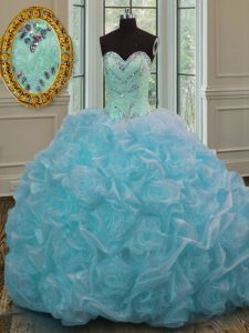 Discount Blue Lace Up Quince Ball Gowns Beading and Pick Ups Sleeveless Sweep Train