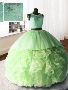 Ball Gowns Organza and Tulle and Lace Scoop Sleeveless Beading and Lace and Ruffles With Train Zipper Ball Gown Prom Dress Brush Train