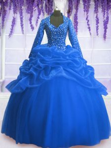 Low Price Blue Vestidos de Quinceanera Military Ball and Sweet 16 and Quinceanera and For with Sequins and Pick Ups V-neck Long Sleeves Zipper
