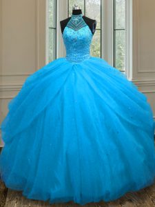 Sleeveless Tulle Floor Length Lace Up Quinceanera Dresses in Baby Blue with Beading