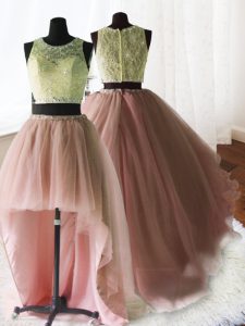 Custom Design Three Piece Scoop Baby Pink Sleeveless Brush Train Beading and Lace and Ruffles With Train Quinceanera Gowns