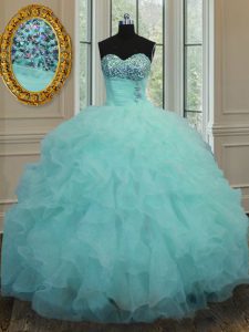 Best Sleeveless Floor Length Beading and Ruffles Lace Up Quinceanera Gown with Aqua Blue