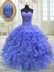 Smart Blue Sweetheart Neckline Beading and Ruffles Quinceanera Gown Sleeveless Lace Up