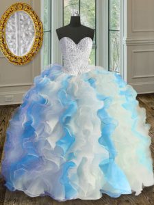 Blue And White Ball Gowns Beading and Ruffles Quinceanera Dresses Lace Up Organza Sleeveless Floor Length