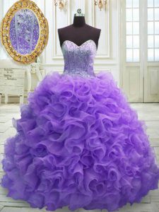 Wonderful Sweep Train Ball Gowns Quinceanera Gown Purple Sweetheart Organza Sleeveless Lace Up