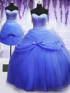 New Style Three Piece Blue Lace Up Quinceanera Gown Beading and Bowknot Sleeveless Floor Length