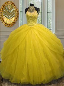 Ball Gowns Quinceanera Dresses Gold Halter Top Tulle Sleeveless Floor Length Lace Up