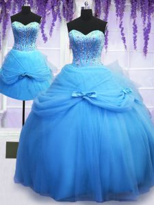 Three Piece Floor Length Ball Gowns Sleeveless Baby Blue 15 Quinceanera Dress Lace Up