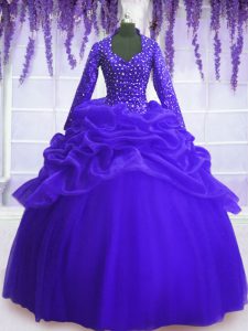 Sequins Pick Ups Royal Blue Long Sleeves Organza Zipper Sweet 16 Dresses for Military Ball and Sweet 16 and Quinceanera