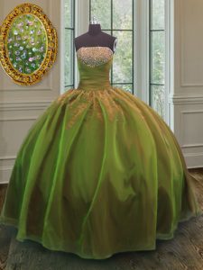 Fancy Floor Length Olive Green Quinceanera Gown Organza and Taffeta Sleeveless Sequins