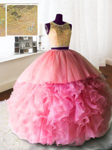 Scoop Rose Pink Ball Gowns Beading and Lace and Ruffles Quinceanera Dress Zipper Organza and Tulle and Lace Sleeveless With Train