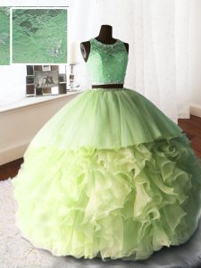 Scoop Sleeveless Organza and Tulle and Lace With Brush Train Zipper 15th Birthday Dress in Yellow Green with Beading and Lace and Ruffles