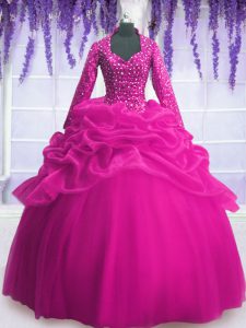Fuchsia Quinceanera Dresses Military Ball and Sweet 16 and Quinceanera and For with Sequins and Pick Ups V-neck Long Sleeves Zipper