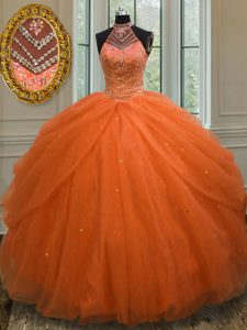 Halter Top Floor Length Ball Gowns Sleeveless Orange Red Quinceanera Gowns Lace Up