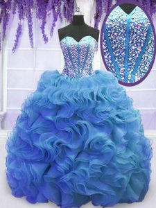 Extravagant Baby Blue Sleeveless Sweep Train Beading and Ruffles Ball Gown Prom Dress