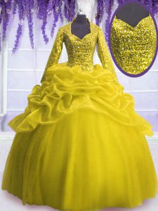 Traditional Sequins and Pick Ups Quinceanera Gowns Yellow Zipper Long Sleeves Floor Length