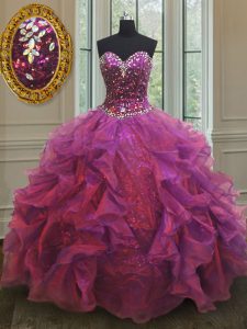 Suitable Organza and Sequined Sweetheart Sleeveless Lace Up Beading and Ruffles Quinceanera Gowns in Purple