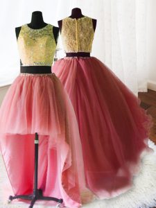 Three Piece Scoop With Train Watermelon Red Ball Gown Prom Dress Organza and Tulle and Lace Brush Train Sleeveless Beading and Lace and Ruffles